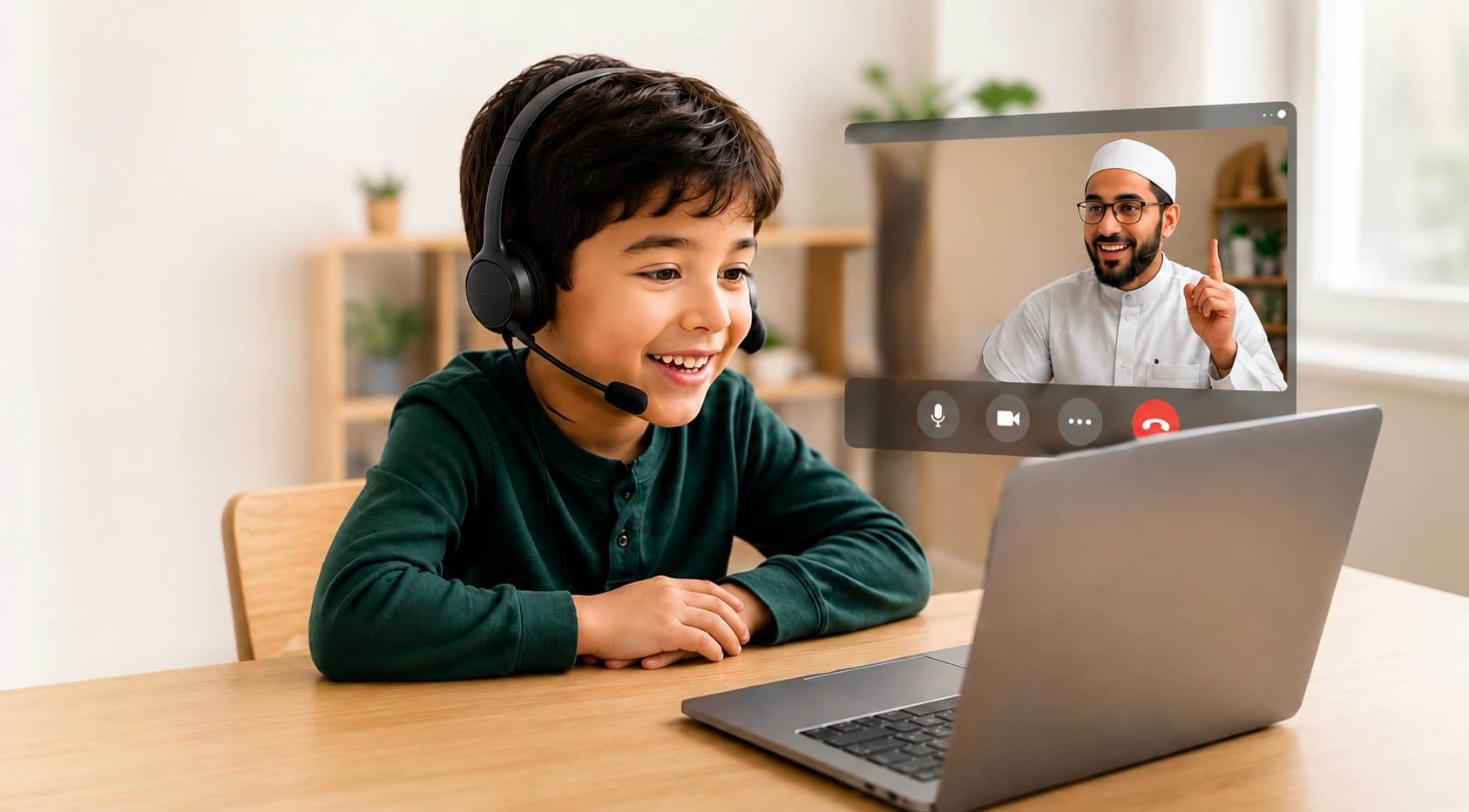 Child studying Quran live online with teacher
