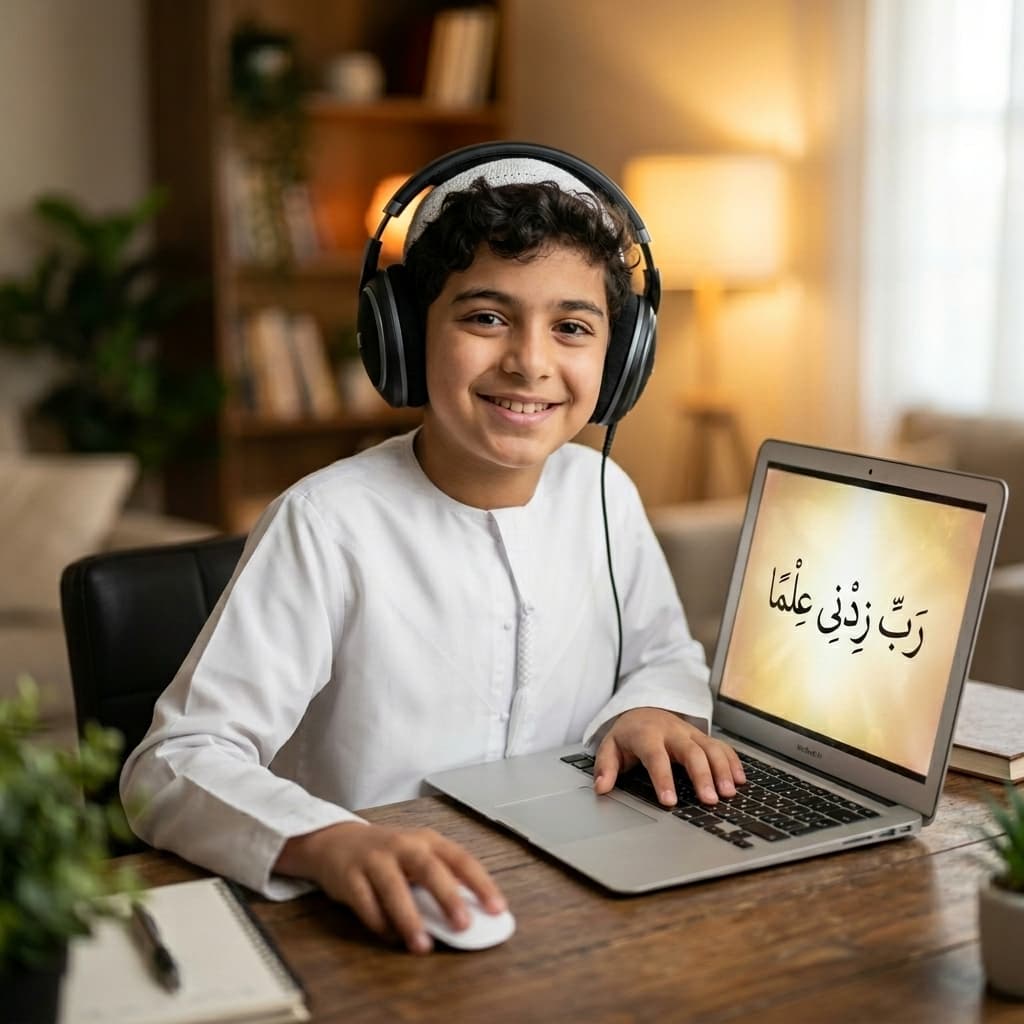 Student learning Quran online