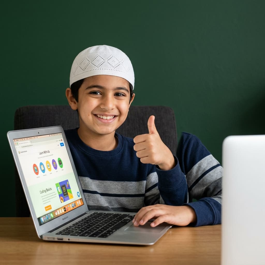 Student learning Quran on laptop
