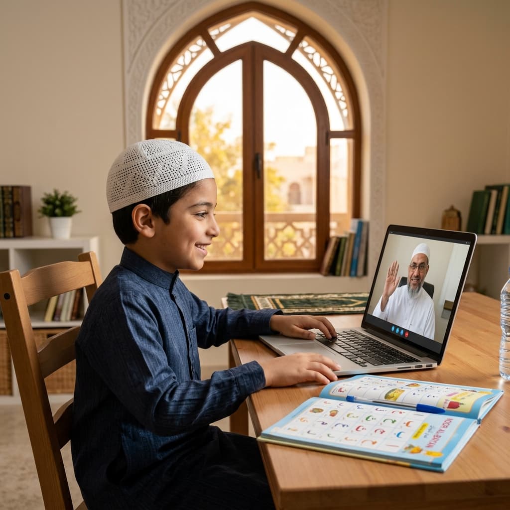 Child studying Quran live online with teacher
